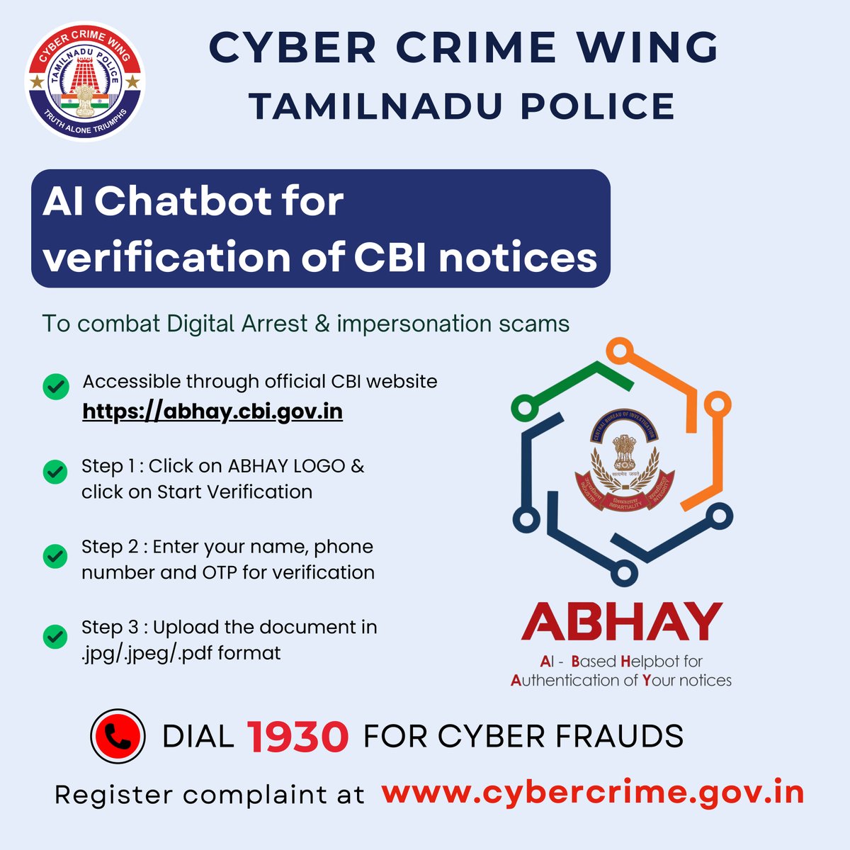 TrichyCityPolic's tweet photo. AI Chatbot for verification of CBI notices...
#TrichyCityPolice #CyberAwareness #ABHAY #AIChatbot #verification #helpline1930 https://t.co/GGuJPjJDzr