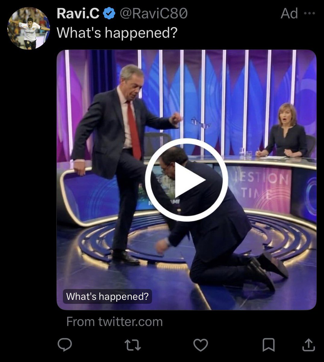 reactivo's tweet photo. What on Earth is going on with all the Nigel Farage ads in the UK on X, @AdsSupport? They show fake AI generated images of him in violent acts, even holding a gun to a TV presenter. And it takes you to a fake @BBC news article. This is crazy! https://t.co/s20KjvoQEd