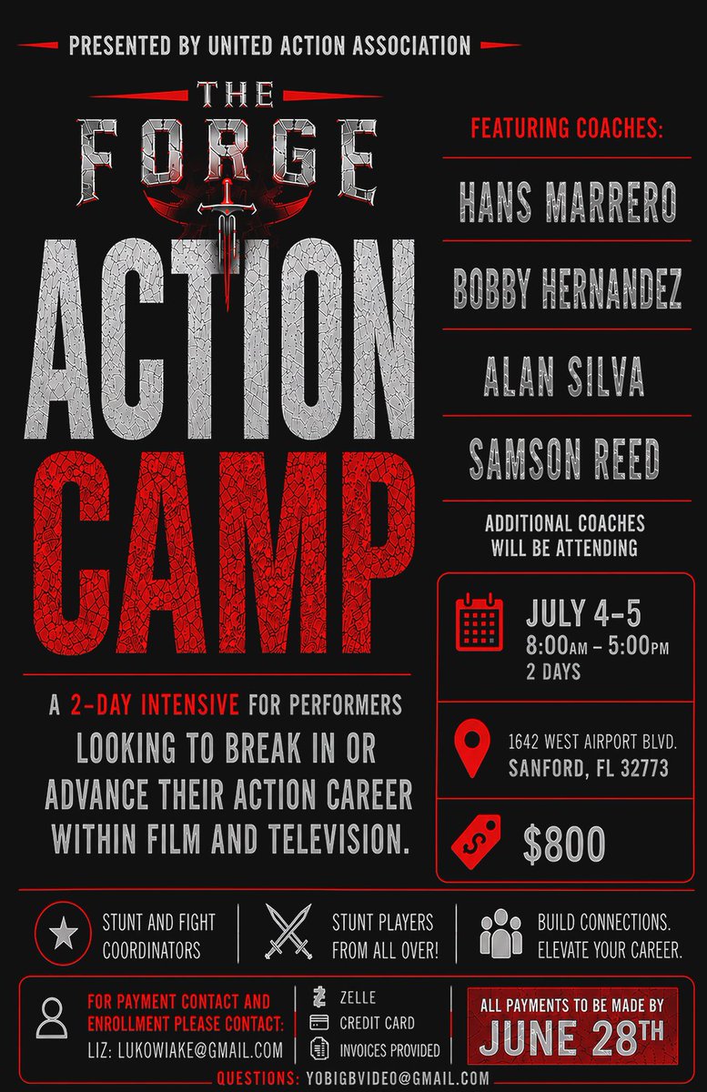 AxnBoxApp's tweet photo. Stunt actors, actors, martial artists looking to get more action training?
ย THE FORGE: ACTION CAMP
A 2 day intensive for action film & TV performers.
July 4โ5 | 8 AMโ5 PM
Sanford, FL
Enroll:LukowiakE@gmail.com
Q's: yobigbvideo@gmail.com
#AxnBox #StuntTraining #ActionCamp https://t.co/PmPQtDNlFV