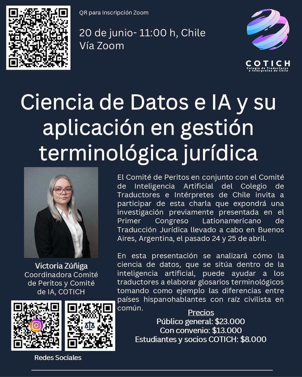 COTICH_Informa's tweet photo. Inscripción: https://t.co/3wy0We6ycG

Les invitamos a la charla "Ciencia de Datos e IA y su aplicación en gestión terminológica jurídica" que será impartida por nuestra socia y Coordinadora del Comité de Peritos y Comité de IA, Victoria Zúñiga. https://t.co/6ilY914m2O