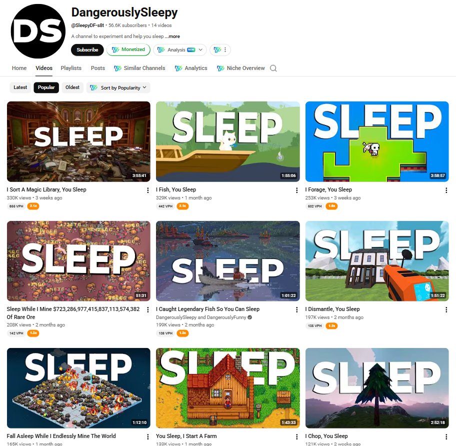 DailyYTNiches's tweet photo. This is a good find!

I like this format:
[What the video is about] While You Sleep

Nexlev estimates that it has likely earned around $9K!

• 56.6K subscribers
• 2,222,715 total views gained
• $9,581 in the last 30 days alone (assuming a $6.54 RPM)

The channel plays relaxing games while you fall asleep, with long gameplay videos designed to help viewers sleep

The tool I use to find channels is in the comments :))
