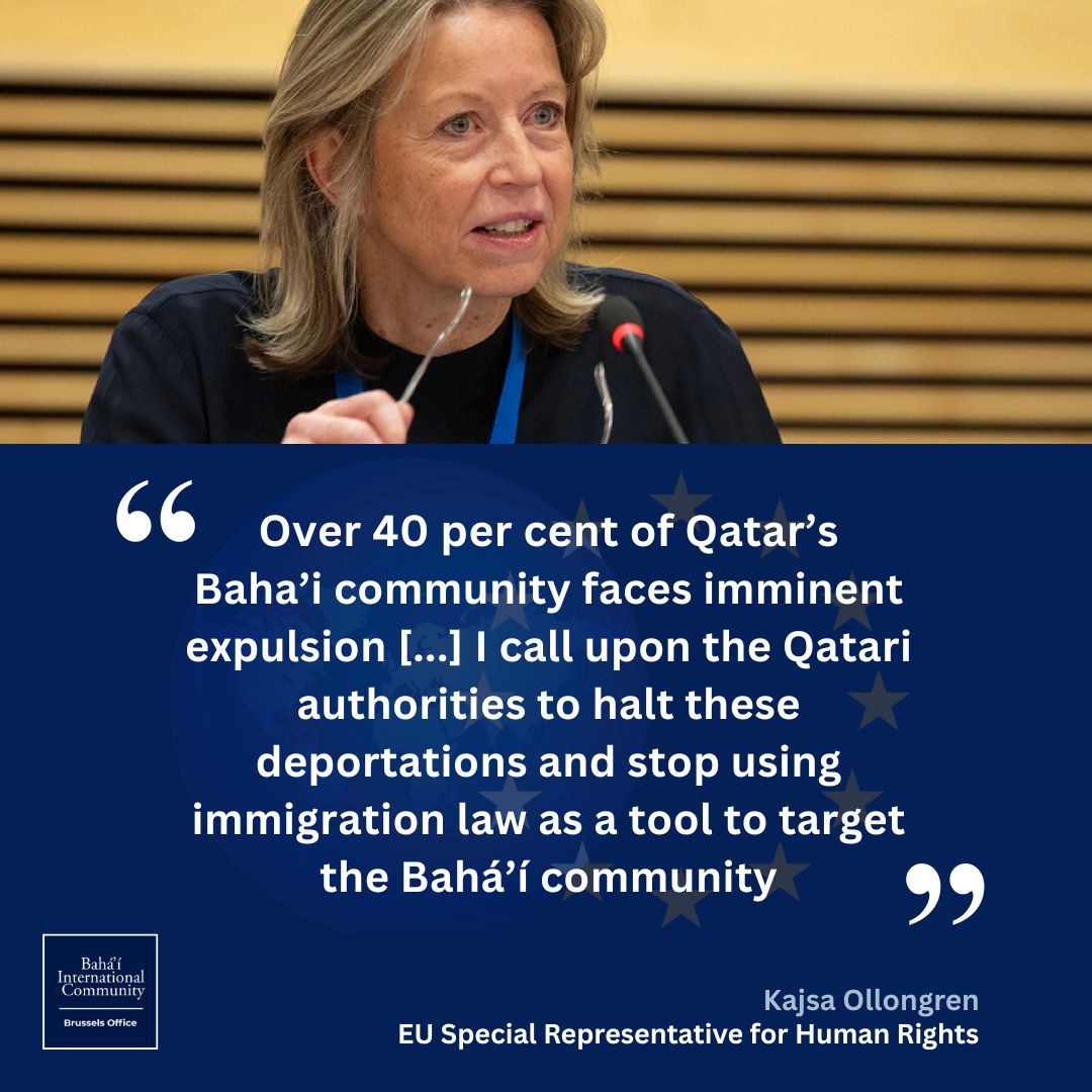 BahaiBIC_Europe's tweet photo. The Bahá'í community in Qatar faces imminent expulsion. We are grateful for the EU Special Representative for Human Rights' voice on this alarming matter, and thank her for drawing attention to the plight of a community whose roots in Qatar predate the establishment of the state itself. 

#humanrights #bahai #qatar