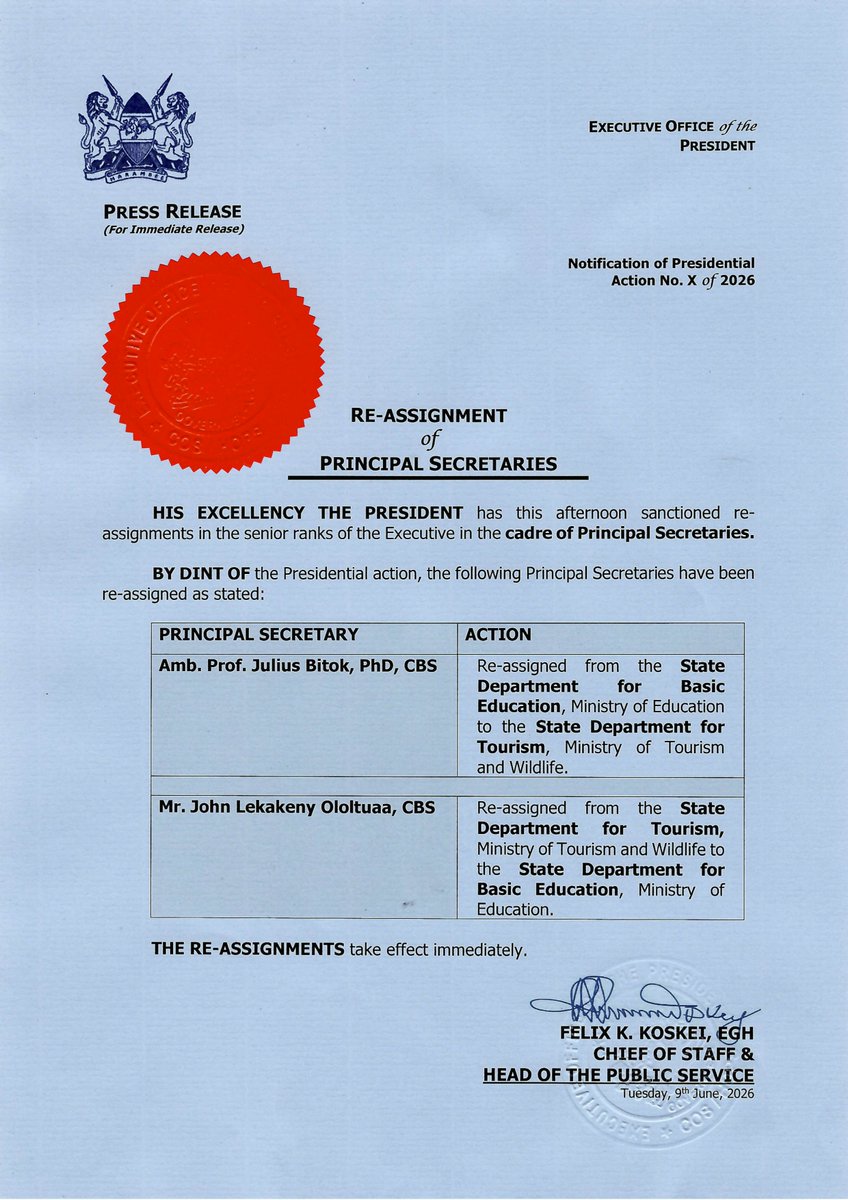 HusseinMohamedg's tweet photo. President William Ruto has reassigned Principal Secretaries Prof. Julius Bitok and Joseph Ololtuaa, with PS Bitok moving to the Tourism docket and PS Ololtuaa taking over Basic Education. https://t.co/xfWQJ4wqeR
