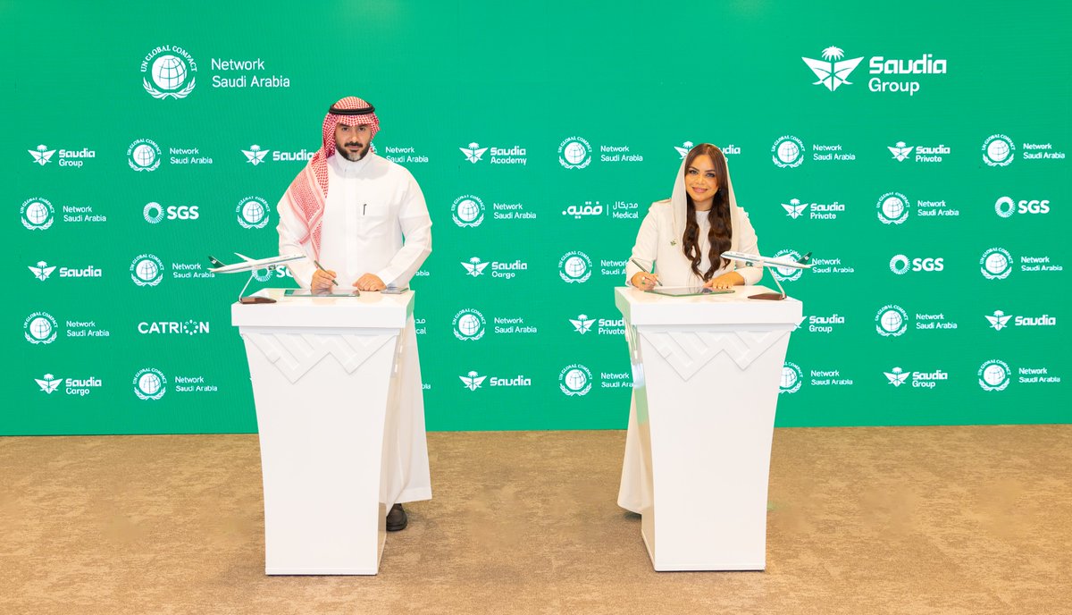 CompactSaudi's tweet photo. We were pleased to celebrate the signing ceremony welcoming @SaudiaGroup to our Network. The occasion brought together representatives from participating Saudia Group subsidiaries, reflecting the Group's shared commitment to advancing responsible business practices. https://t.co/temV0JeMBL