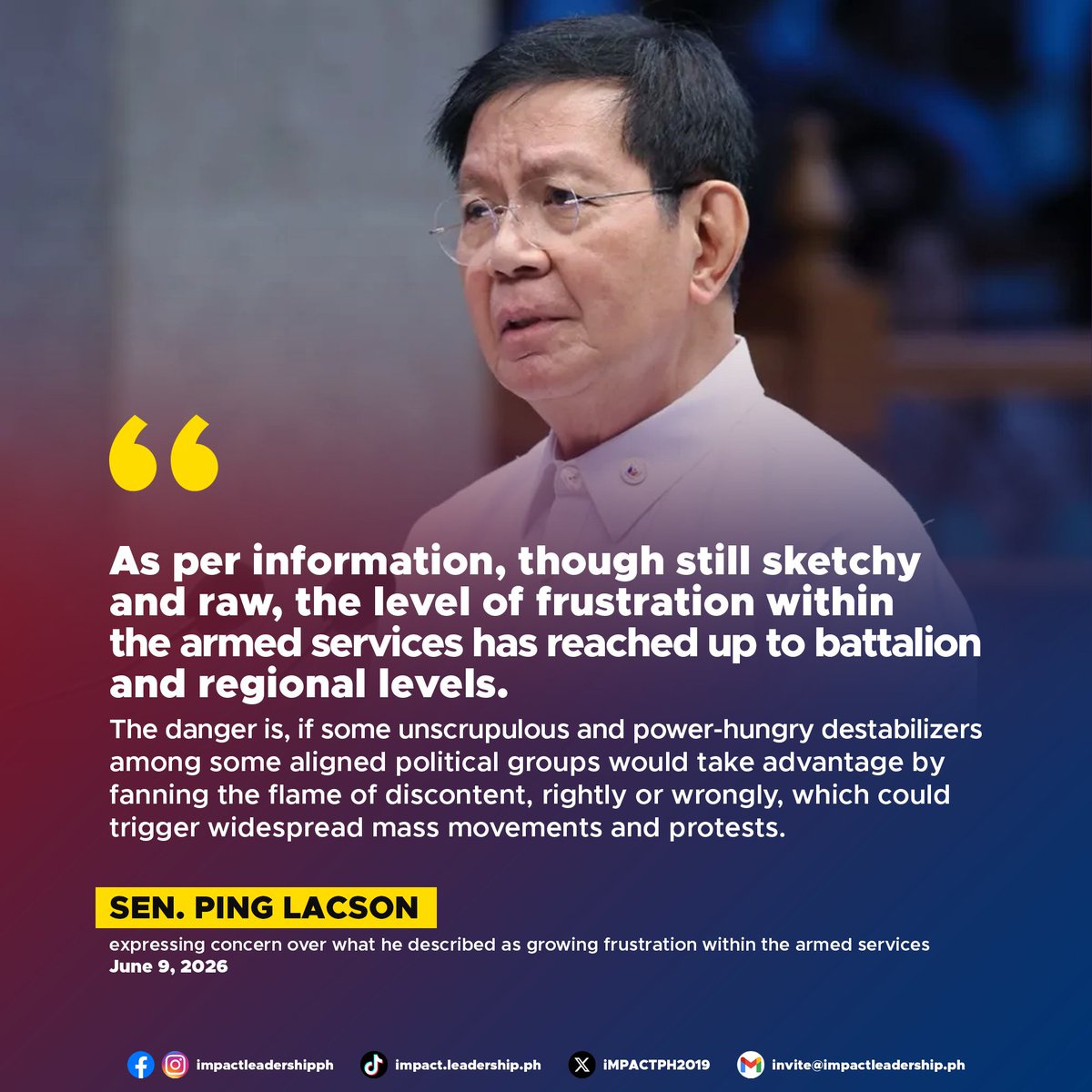 iMPACTPH2019's tweet photo. LACSON WARNS OF RISING MILITARY FRUSTRATION, FLAGS RISK OF POSSIBLE DESTABILIZATION

Sen. Ping Lacson expressed concern over what he described as growing frustration within the armed services.

https://t.co/GBWMyDho1Q https://t.co/aNYq4MC9Gp