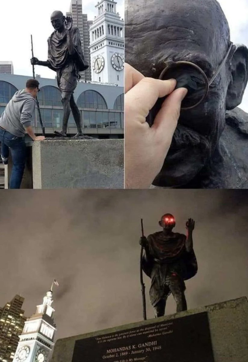 awkwardgoogle's tweet photo. In 2019, someone gave the Gandhi statue at Ferry Plaza in San Francisco laser eyes, instantly transforming the icon of peace into a comic book supervillain. https://t.co/WxYf4HSZNN