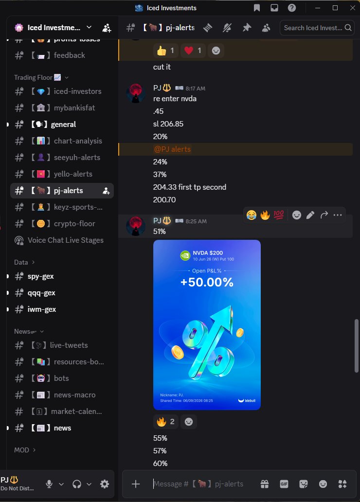 PJtrader_17's tweet photo. 🚨 LIVE ALERTS. REAL ENTRIES. REAL EXITS. 🚨

No guessing.
No chasing.
Get notified when we enter and when we exit positions in real time. 📲

✅ Live Trade Alerts
✅ Entry & Exit Notifications
✅ Real-Time GEX
✅ Dealer Positioning
✅ Heatmaps & Key Levels

🔥 Use code PJ for 30% OFF FOR LIFE
@IcedInvestments @MyBankIsFat 

https://t.co/eOsfMiiLfx
#OptionsTrading #DayTrading #Stocks #SPY #GEX