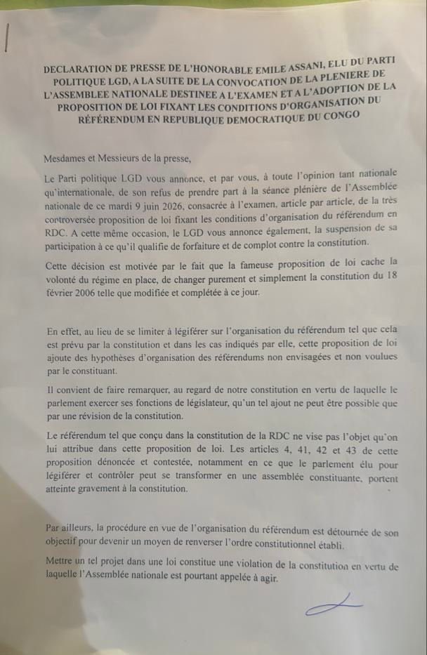 wembi_steve's tweet photo. #RDC : 🚨🛑‼️Le LGD suspend sa participation à la plénière sur le référendum constitutionnel. Me Émile Asani, député du LGD parle d’une dérive et d’un détournement du processus, qu’il juge incompatible avec les principes constitutionnels. Position assumée et assumée sans ambiguïté.