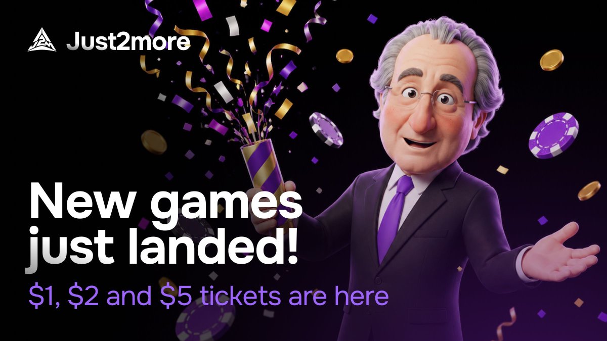 Just2moreFun's tweet photo. Variety is the spice of life right? 🔥

We agree with that so what about new ticket prices for different types of players?
Tickets with $1, $2 and $5 price tags have just landed in addition to the $11 one we’ve rolled before! 🎯

The entry barrier just got lower and everyone can try Just2More now! 💰

Go to https://t.co/6QUmO1V2Ar , buy yourself a ticket and double your money in seconds 💸