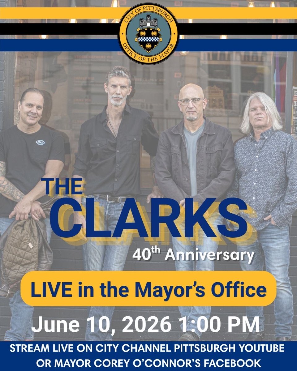 CoreyOConnorPA's tweet photo. Tomorrow, @theclarks will celebrate their 40th anniversary with the first-ever live concert in the Mayor’s Office!

Tune in at 1:00 PM to catch two songs from one of Pittsburgh’s most iconic bands — live-streamed on my Facebook and the @CityChannelPGH YouTube pages. https://t.co/6lenNxbCNG