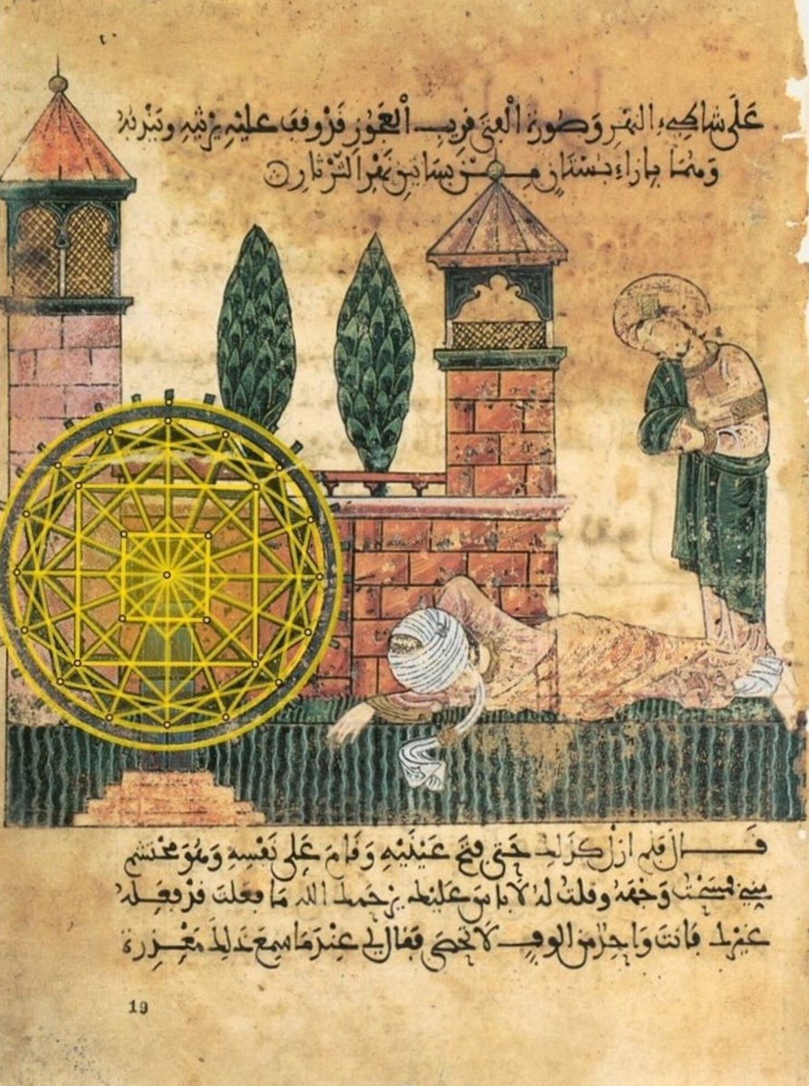 andalusianedit's tweet photo. A 13th‑century illustration from one of the only surviving illustrated Arabic romance manuscripts of al‑Andalus, the Ḥadīṯ Bayāḍ wa‑Riyāḍ. The young man collapsed by the water is Bayad, fainted from lovesickness. Behind him turns a noria, its eight‑pointed star motif echoing the geometric patterns common in al‑Andalus. One of the only surviving examples of Andalusi miniature painting.