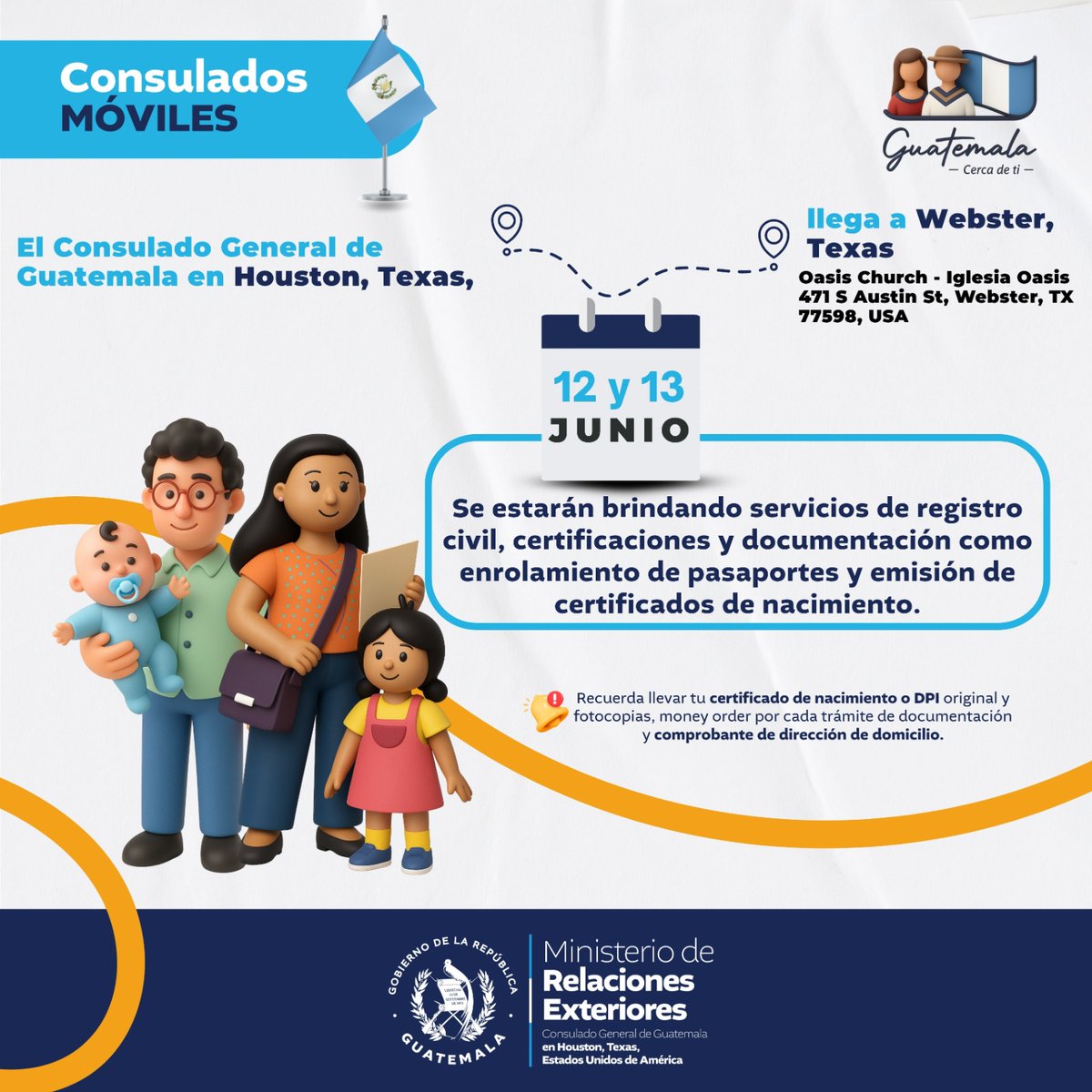 ConsGtHoustonTx's tweet photo. El Consulado General de Guatemala en Houston, Texas, llega a Webster, Texas, con su Consulado Móvil
Brindaremos atención consular los días 12 y 13 de junio de 2026. ¡Te esperamos para brindarte nuestros servicios consulares más cerca de ti!
#GuatemalaCercaDeTi https://t.co/D6m7F3HQER