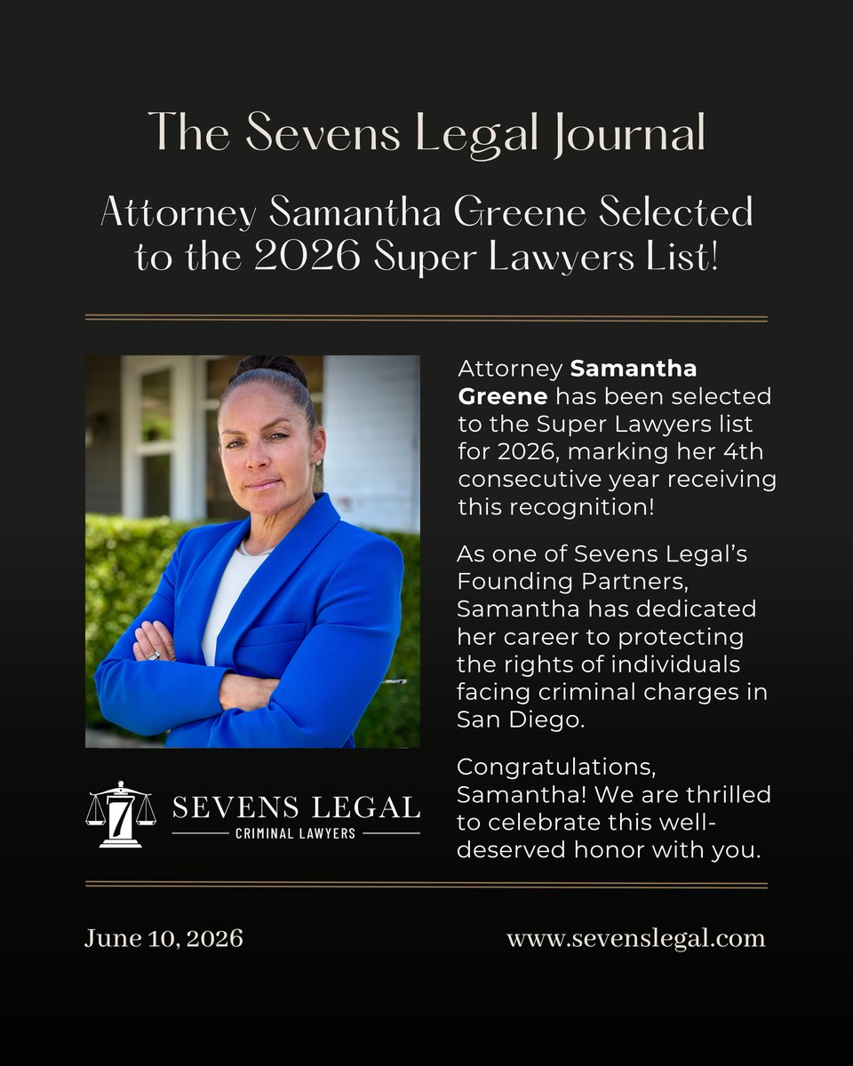 SevensLegalSD's tweet photo. 🏆 Sevens Legal attorney Samantha Greene has been named to the Super Lawyers list for the FOURTH consecutive year, a testament to the impact she continues to make in criminal defense law.

🏛️ Super Lawyers is a rating service that recognizes attorneys across practice areas based on peer recognition and professional achievement. Samantha’s selection to the Super Lawyers list for 2026 reflects her ongoing commitment to representing individuals facing serious criminal charges throughout San Diego County.

📞 Facing criminal charges can feel overwhelming and uncertain, which is why having a knowledgeable attorney in your corner can make a difference during the legal process. Call Sevens Legal today at (858) 777-7777 for a free legal consultation to discuss your case.

#SuperLawyers #SanDiego #CriminalDefense #SanDiegoCriminalDefense #SevensLegalCriminalLawyers

Sevens Legal Criminal Lawyers is led by Samantha Greene, Certified Criminal Law Specialist (State Bar of California Board of Legal Specialization), Dan Greene, Trial Lawyer of the Year (2019, Criminal Defense Bar Association of San Diego), and Kerry Steigerwalt, AV Preeminent® Rated (Martindale-Hubbell) for 10+ years. Our attorneys bring decades of combined criminal defense experience. Office: San Diego, CA.

Disclaimer: This post is for informational purposes only and does not constitute legal advice or create an attorney-client relationship. Past results do not guarantee future outcomes. Each case is unique and should be evaluated by a qualified attorney. For legal advice, please contact our office directly.