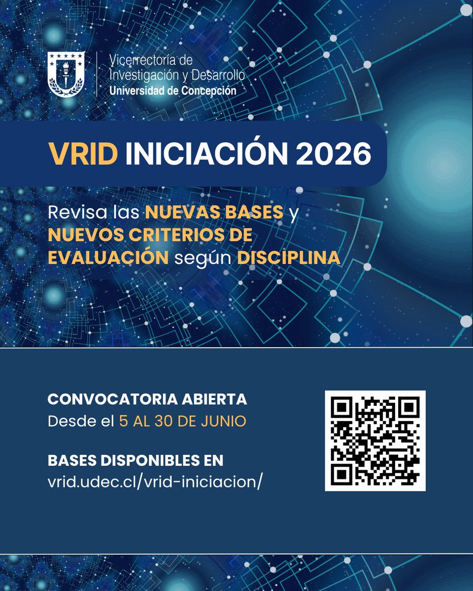 UDTcl's tweet photo. #VRID_UdeC abrió las postulaciones al concurso 'VRID Iniciación 2026'
❗cuenta con nuevas bases que facilitan el proceso de postulación.
🗓️convocatoria abierta del viernes 05 al martes 30 de junio
📒bases en QR de la gráfica o https://t.co/wfr9FNnUgr
❓consultas a vrid@udec.cl https://t.co/3dQoRfOlrx