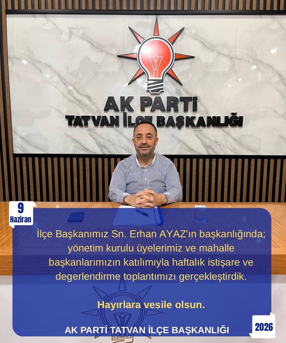akpartitatvan13's tweet photo. 📍 AK Parti Tatvan İlçe Başkanlığı

İlçe Başkanımız Sayın @Erhanayz13 ’ın başkanlığında; yönetim kurulu üyelerimiz ve mahalle başkanlarımızın katılımıyla haftalık istişare ve değerlendirme toplantımızı gerçekleştirdik.

Toplantımızda teşkilat çalışmalarımızı değerlendirerek önümüzdeki döneme ilişkin planlamalarda bulunduk.

Alınan kararların ilçemiz ve teşkilatımız adına hayırlara vesile olmasını temenni ediyoruz.