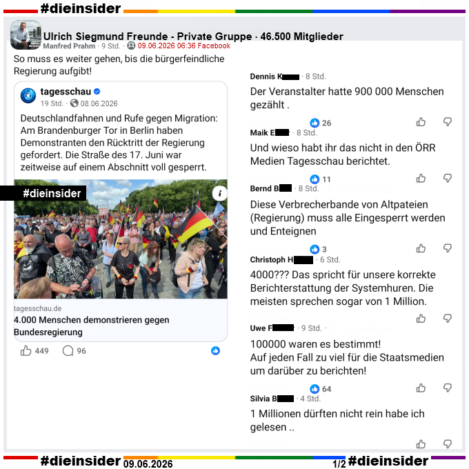 Die_Insider's tweet photo. Mindestens, wenn nicht noch mehr Menschen waren gestern auf der rechten Demo in #Berlin!

#LautGegenNazis #NiemalsAfD #AfDVerbot 
#Antifaschismus #GemeinsamGegenHass #DieInsider
 
08.06.2026 https://t.co/zDKwlKfYOJ https://t.co/Nv0zL48Zr1