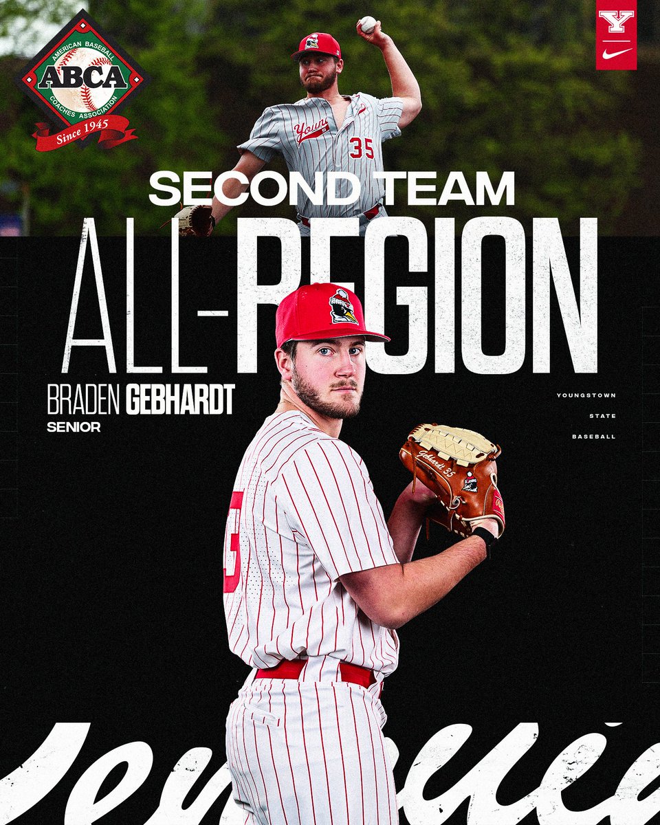 YSUBaseball's tweet photo. Congratulations to senior left-hander 𝐁𝐫𝐚𝐝𝐞𝐧 𝐆𝐞𝐛𝐡𝐚𝐫𝐝𝐭 on being selected to the 2026 ABCA/Rawlings East All-Region Second Team! 🐧⚾️

📰: https://t.co/vOcJ0BcOyg

#GoGuins | @ABCA1945 https://t.co/VEC5XUkqxc