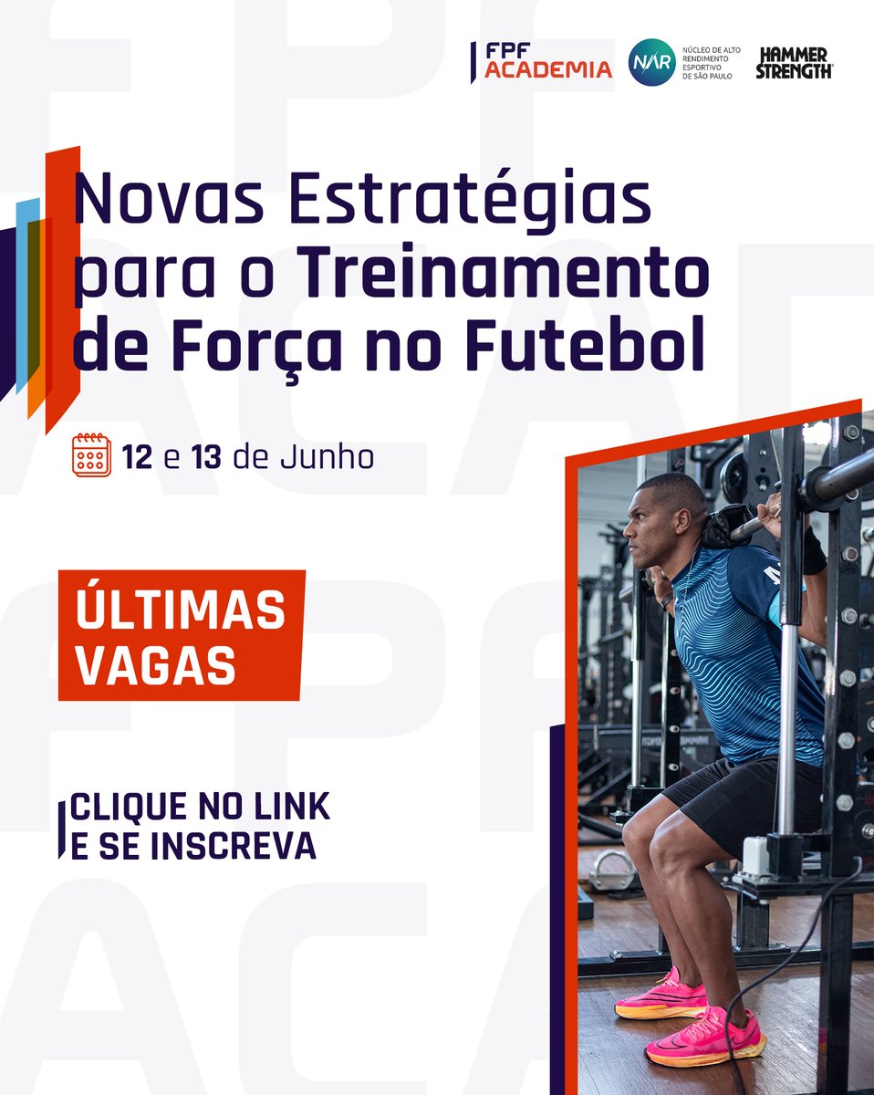 FPF_Oficial's tweet photo. ÚLTIMOS DIAS para se inscrever no curso Novas Estratégias para o Treinamento de Força no Futebol, uma parceria entre FPF Academia e NAR-SP 🏋️ ⚽

Bora? ✍️ https://t.co/VwAuNfgmJw

📅 12 e 13 de junho
💻 Totalmente on-line

#FPFAcademia #Curso #Força https://t.co/97vMvEmOdu