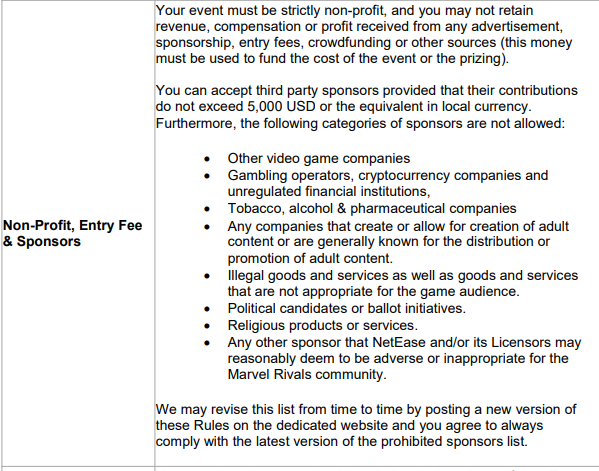 Vodible's tweet photo. You are prohibited from accepting sponsorships from other game companies, gambling, crypto, adult content, politics, religion, and more. Nice to see actual rules in place now for running third party events. Checkout the info below! #MarvelRivals https://t.co/caXtODOi8P