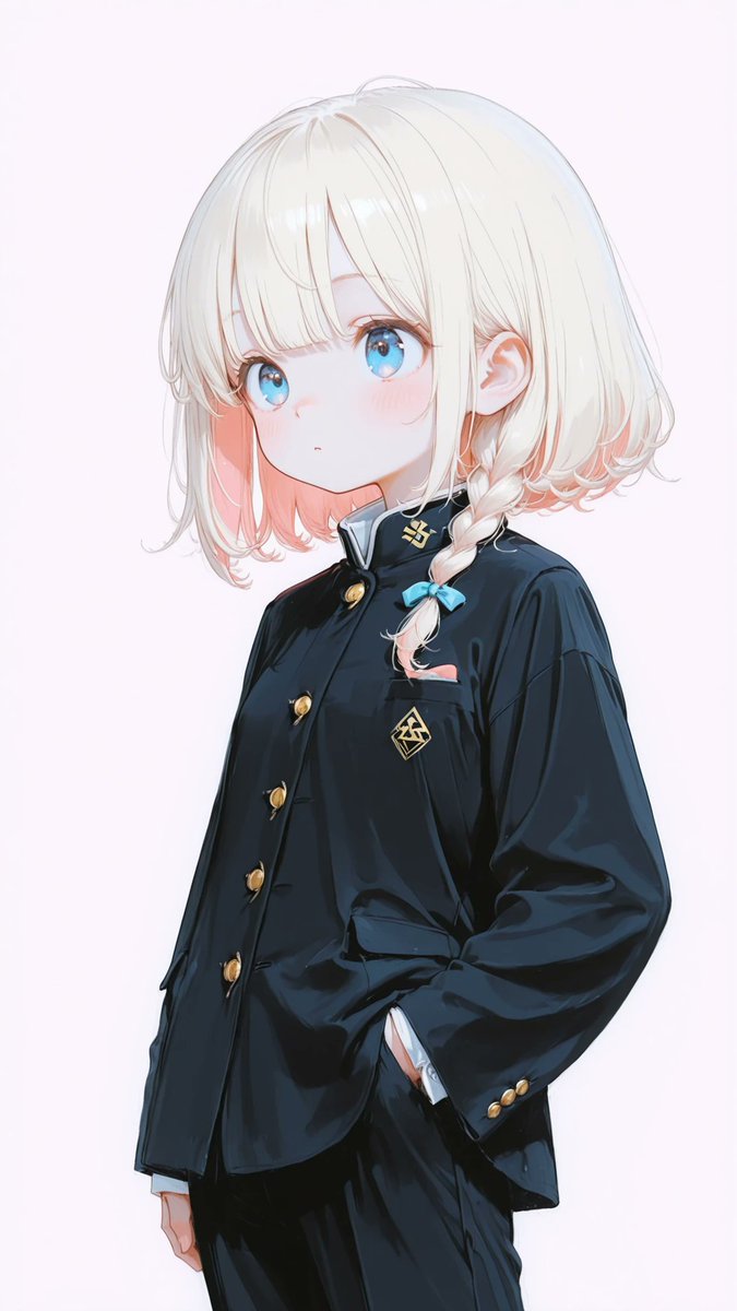 AliceLavli's tweet photo. 学ラン着せてみたぁ✨
japanese gakuran school uniform, black stand-collar jacket, high mandarin collar, gold front buttons, structured tailored silhouette, fitted shoulders, chest pocket, side pockets, long sleeves, buttoned sleeve cuffs, traditional student uniform design, matching black straight-leg trousers, pressed crease lines, clean formal appearance, classic Japanese school fashion, strict color placement, black jacket only, black trousers only, gold buttons only
