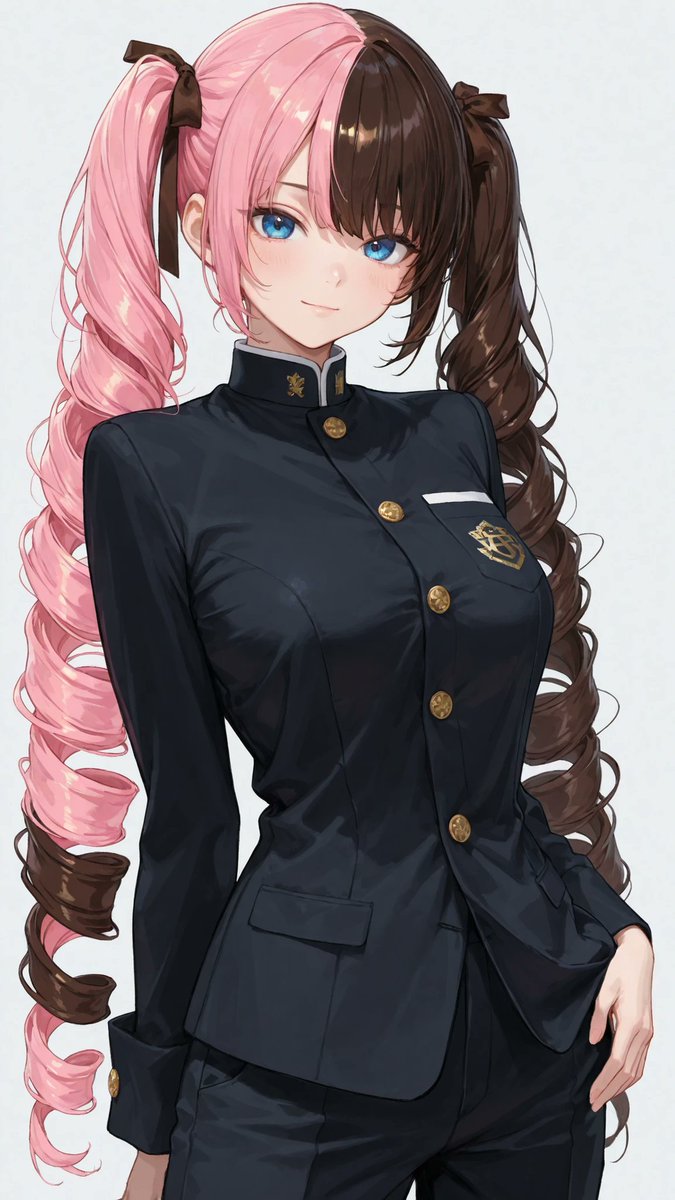 AliceLavli's tweet photo. 学ラン着せてみたぁ✨
japanese gakuran school uniform, black stand-collar jacket, high mandarin collar, gold front buttons, structured tailored silhouette, fitted shoulders, chest pocket, side pockets, long sleeves, buttoned sleeve cuffs, traditional student uniform design, matching black straight-leg trousers, pressed crease lines, clean formal appearance, classic Japanese school fashion, strict color placement, black jacket only, black trousers only, gold buttons only