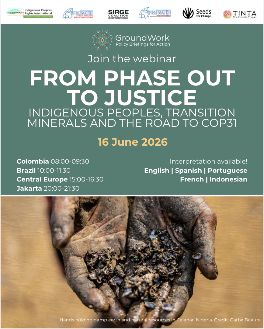 afrewatch's tweet photo. Participation of AFREWATCH at the global conversation on a just energy transition.

We are pleased to announce that Emmanuel Umpula Nkumba, Executive Director of AFREWATCH, will be speaking at the upcoming international webinar: From Phase Out to Justice: Indigenous Peoples, Transition Minerals and the Road to COP31

16 June 2026
 14:00–15:30 Kinshasa time
 Online | Multilingual interpretation available

As the global demand for transition minerals such as cobalt, copper, and lithium continues to rise, this timely discussion will address critical challenges around governance, accountability, and the protection of communities,especially Indigenous Peoples impacted by extraction activities.

The webinar will also contribute to shaping priorities ahead of COP31.

Distinguished speakers include:
- Emmanuel Umpula Nkumba (AFREWATCH)
- Joan Carling
- Bryan Bixcul
- Carlos Mamani Condori

This session is part of the GroundWork: Policy Briefings for Action series, bringing together leading voices to ensure that the energy transition is not only green but also just, inclusive, and rights-based.

Join the conversation and be part of shaping a fairer future : https://t.co/aOwjYJ84oB