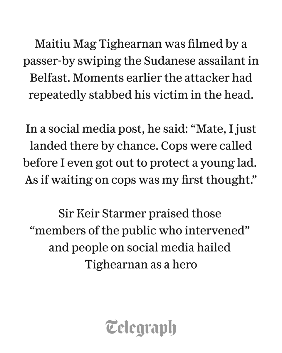 Telegraph's tweet photo. Maitiu Mag Tighearna has been named as the have-a-go hero who used a hurling stick to fight off the Sudanese knifeman in Belfast

Find out about the Belfast hero below ⬇️ https://t.co/RXaAVQqbSJ