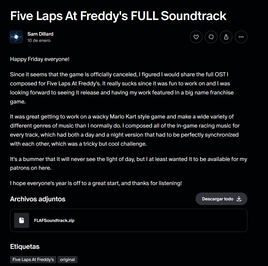 FNaFNegativity's tweet photo. Five Laps at Freddy's has been seemingly CANCELLED.

An official composer for the game has shared a statement: 
"Since it seems the game is officially canceled, I figured I would share the full OST I composed for Five Laps at Freddy's." https://t.co/Pd9gUqMJCe