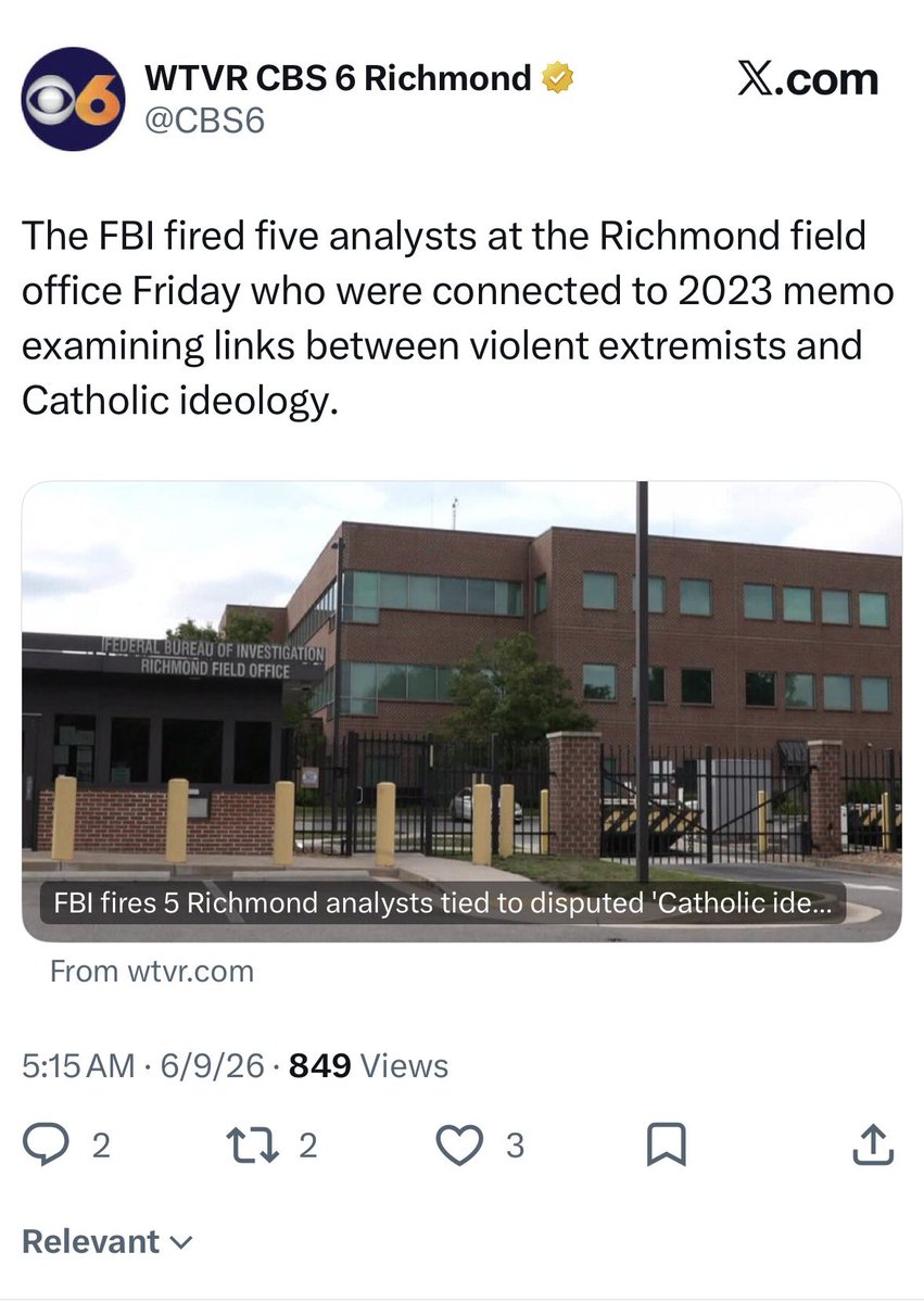 AssocAnderson's tweet photo. The FBI just fired multiple employees over the Richmond Catholic memo.

Stanley Meador was the Special Agent in Charge of the Richmond FBI office when that memo was produced.

Today, Meador serves as Virginia’s Secretary of Public Safety and Homeland Security.

If the memo was serious enough to get analysts fired, it’s fair to ask why the people at the bottom lost their jobs while the person running the office now oversees Virginia’s entire public safety system. 

Out of the hundreds of qualified people that Abigail Spanberger could have picked, she picked this guy.  Thats a story in and of itself.