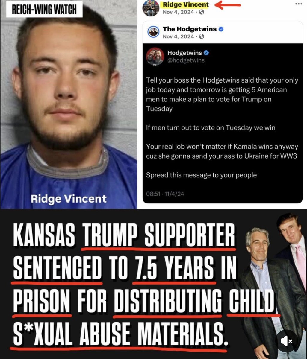 AnnieForTruth's tweet photo. MAGA pedophile pig, 23 year old Ridge T Vincent of Tonganoxie, Kansas, was sentenced to 7.5 years in prison on charges of sexual exploitation of a child and internet trading of child pornography. 😡 https://t.co/1WBIqxd1Xb https://t.co/JfMLy92uhR
