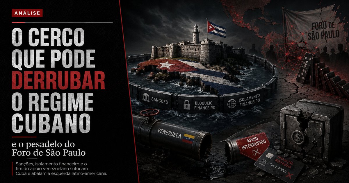 leandroruschel's tweet photo. Pela primeira vez em décadas, a ditadura cubana pode cair.

O regime que sobreviveu a onze presidentes americanos enfrenta agora um cerco econômico sem precedentes, montado peça por peça pelo governo Trump. Com Maduro fora, cortou-se a artéria venezuelana que mantinha Havana respirando. Veio então a Ordem Executiva 14404 e as sanções secundárias: empresas estrangeiras que negociam com o regime passaram a ser punidas.

O resultado foi uma debandada. A Sherritt saiu. A Meliá fechou metade dos hotéis. Visa e Mastercard pararam de funcionar na ilha em 6 de junho. Um economista cubano resumiu à AFP: 2026 será o pior ano da economia de Cuba em sete décadas.

E é por isso que o Descondenado Lula está furioso.

Porque derrubar Cuba não seria apenas o final de uma ditadura brutal. Seria desmontar a peça central de um tabuleiro que Lula passou a vida montando: o Foro de São Paulo, fundado em 1990 ao lado de Fidel Castro.

No texto completo, mostro como essa engrenagem funcionou na prática, com nomes, cifras e delações. E por que a queda de Havana ameaça o mito fundador de todo o projeto totalitário continental da esquerda.

Receba o artigo na íntegra assinando a minha News:

https://t.co/mh4e7XihQ4