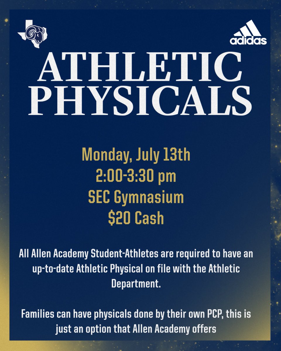 AllenRamCheer's tweet photo. Need a sports physical for the 2026-27 school year? π©Ίπ
Allen Academy will offer athletic physicals on July 13 in the SEC. Physicals are required for all students in grades 6-12 who plan to participate in athletics.
#ramtough https://t.co/WpjCtGqiEb