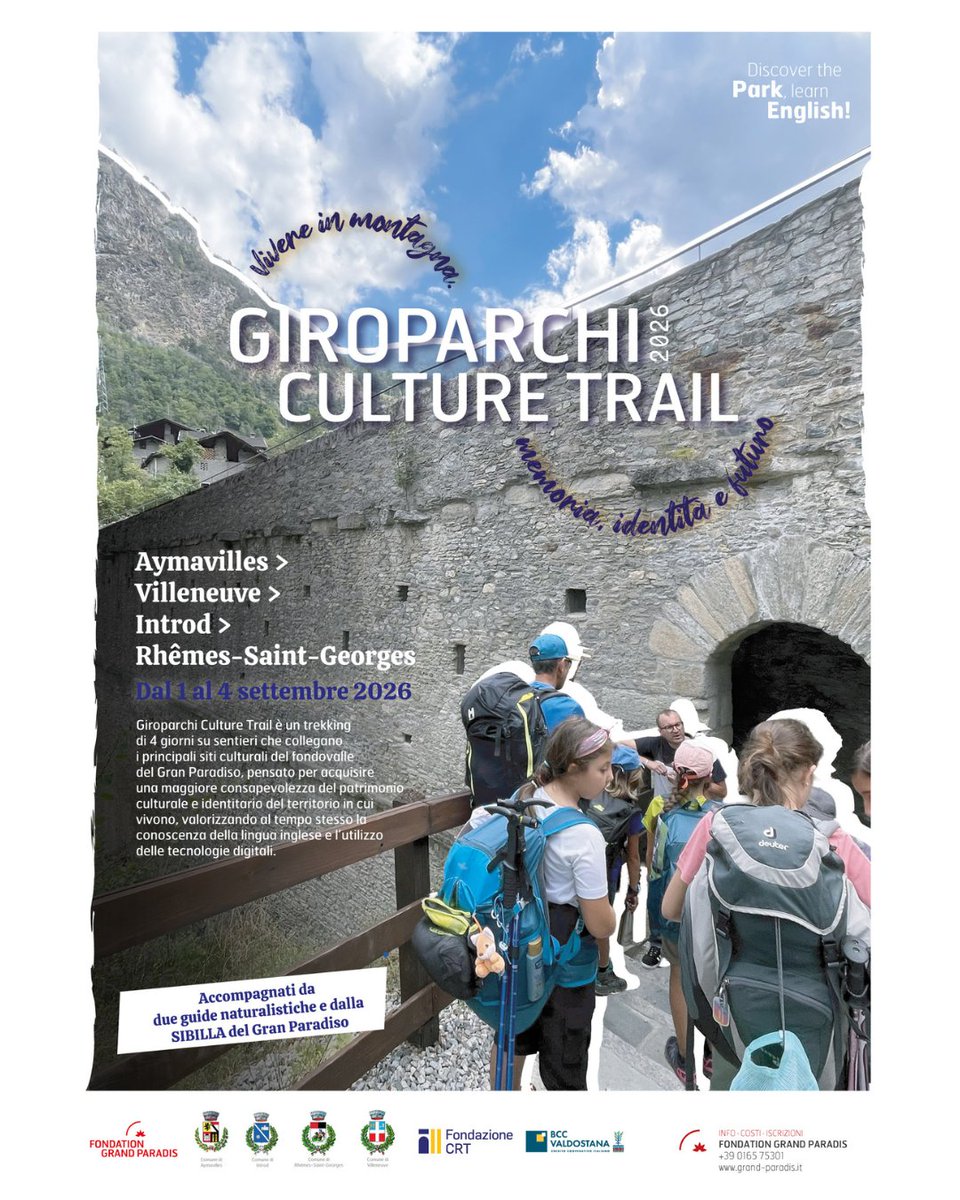 FGrandParadis's tweet photo. 🌿 Giroparchi Culture Trail 2026 aperte le iscrizioni

Tema 2026 “Vivere in montagna: memoria, identità e futuro”.

📅  Dal 1 al 4 settembre 
👧Per bambine e bambini valdostani dai 9 agli 11 anni

Info su https://t.co/8q0O7lsos3
@FondazioneCRT @villeneuve_di https://t.co/RqhbkQgOrc