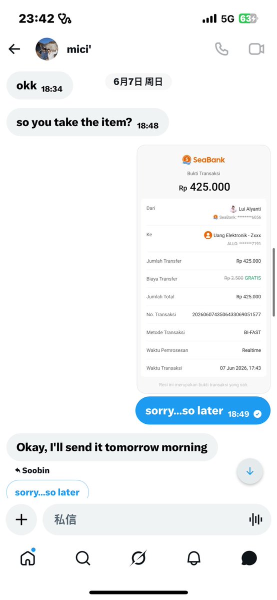 Soobinwiz's tweet photo. Saya rasa saya kena tipu. Orang ini dari Indonesia. Saya sudah bayar untuk bonekanya, tapi sampai sekarang belum dikirim. Sekarang dia tidak membalas pesan saya lagi. Saya punya bukti chat dan bukti transfer. Hati-hati kalau bertransaksi dengan orang ini.  kkyuping jjed bamjji https://t.co/hwH1Ar4uyl