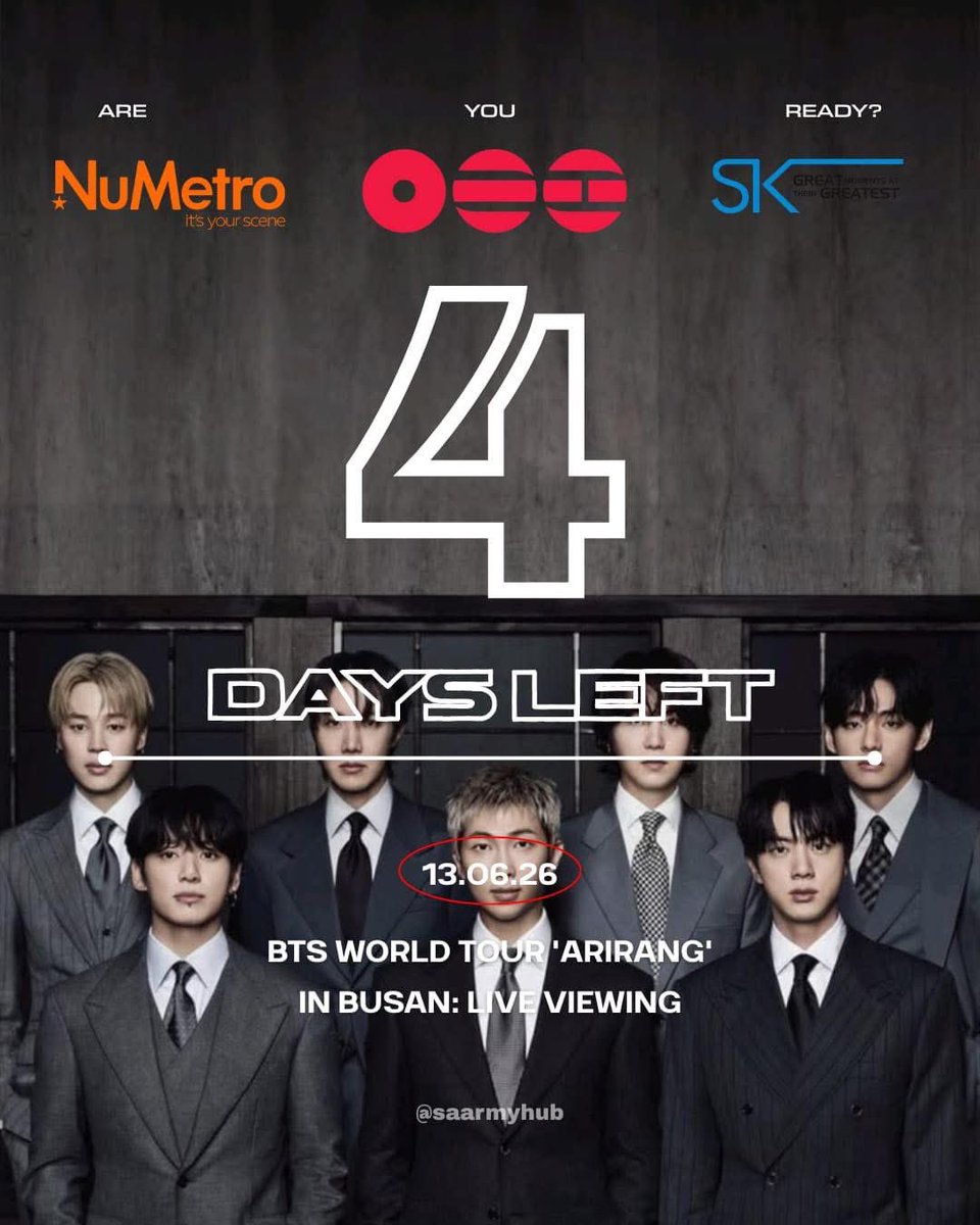 saarmyhub's tweet photo. 4 DAYS. FOUR. DAYS. 😱
Can you hear the crowd already? BTS 'ARIRANG' LIVE VIEWING 13.06.26
See you at NuMetro, SARMY 

#BTS #BTSLiveViewing #NuMetro #BTSinBusan #SARMY https://t.co/RTuF8Wmuny