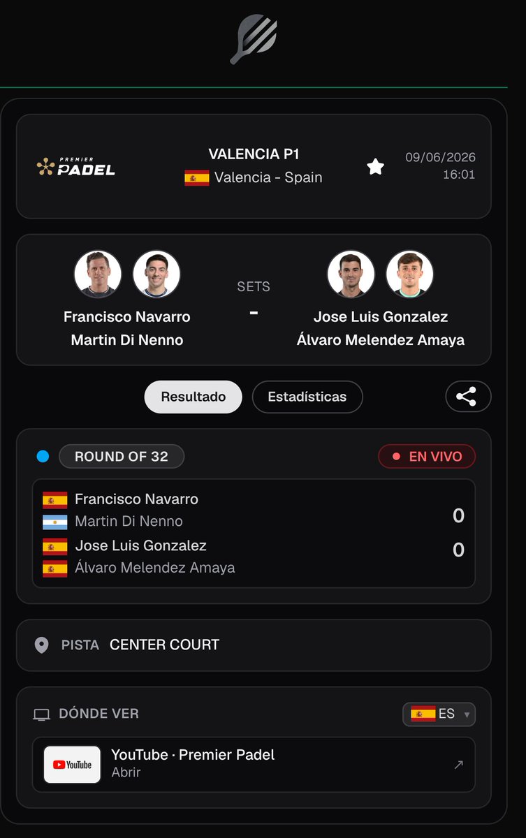 PadelscoreApp's tweet photo. 🔴 EN DIRECTO · LIVE

Francisco Navarro / Martin Di Nenno vs Jose Luis Gonzalez / Álvaro Melendez Amaya
🇪🇸 🏆 VALENCIA P1 · Round of 32

#Navarro #Luis #ValenciaP1 https://t.co/5ylb4CBDTW