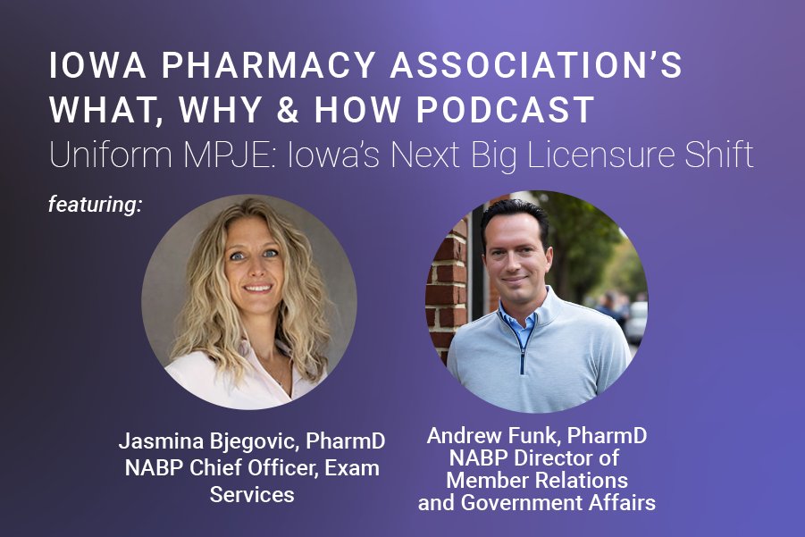 nabp's tweet photo. Questions about the Uniform MPJE? Listen to a recent episode of the @IowaPharmacyIPA's podcast, What, Why &amp; How.

NABP's Jasmina Bjegovic, PharmD, and Andrew Funk, PharmD, discuss the transition from the MPJE to the Uniform MPJE.

🎧 Listen today: https://t.co/FsQAZYAn83 https://t.co/w7KbYPMDuM