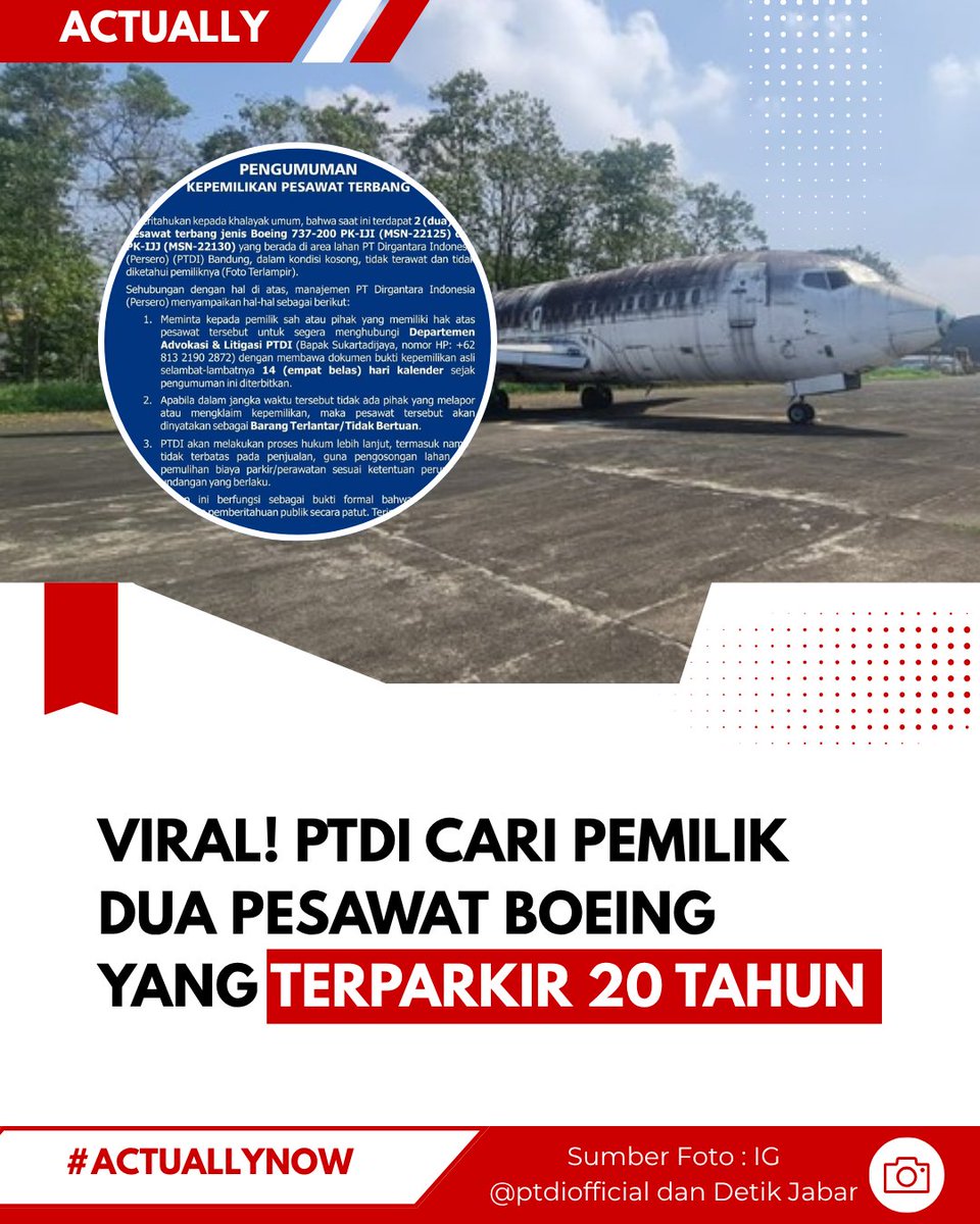 actually_id's tweet photo. Viral di media sosial,2 pesawat Boeing 737-200 yang terparkir di kawasan PT Dirgantara Indonesia (PTDI),Bandung,menjadi sorotan publik. 

Kedua pesawat tersebut diketahui telah berada di lokasi selama lebih dari 20 tahun dan hingga kini pemiliknya belum ditemukan. 

#ptdi #viral https://t.co/q2B5jzMu4t