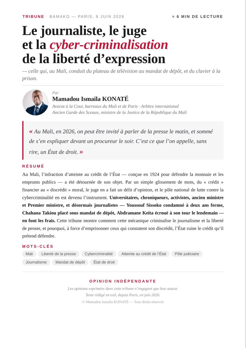 vieuxmko's tweet photo. Au Mali, la multiplication des mandats de dépôt donne le sentiment d’une véritable course à l’incarcération. Dans le même temps, la loi sur la cybercriminalité fait l’objet d’une application souvent extensive et discutable, conduisant à la pénalisation de situations qui n’auraient jamais dû relever du juge pénal.

Or, il ne peut y avoir d’État de droit sans une justice indépendante. L’indépendance du juge est totale dans son office, mais elle trouve sa limite dans l’obligation de respecter strictement la loi. Le juge n’est le serviteur d’aucune volonté particulière ; il n’est soumis qu’à la loi, à sa lettre comme à son esprit.

#Justice
#ÉtatDeDroit
#IndépendanceDeLaJustice

@Debats2DroitMKO 
@debatsdecitemko