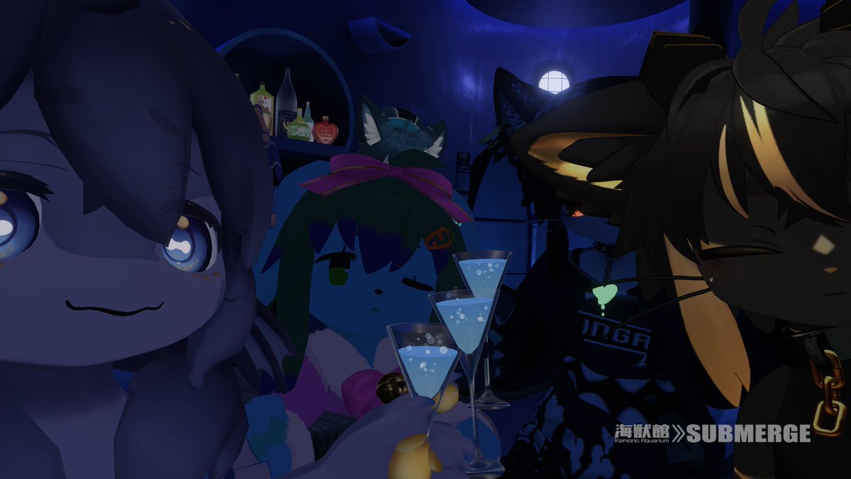 _krom_'s tweet photo. 今日はサブマの日🐬
いつもの3人で乗り込みました🐰🦈
ロンさんが本日特別な日だったのでカウンターでカクテルつつきながらお話してました🍸
めでたい‼️

今日は少し早めに集合写真を撮りました📸
その後何やら見ていたようで…？
#サブマージVR https://t.co/cdZ6BOqkSV