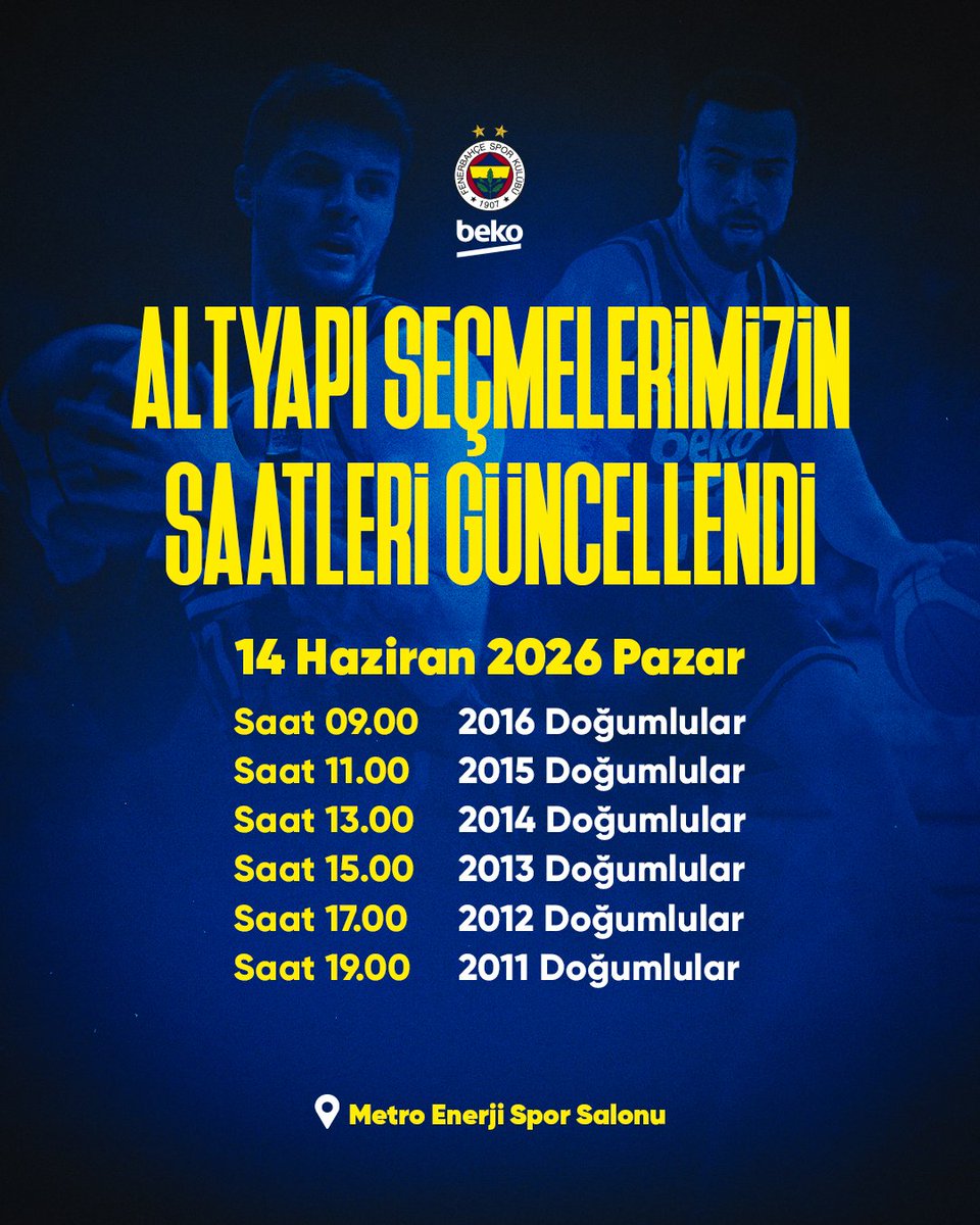 FBBasketbol's tweet photo. 14 Haziran Pazar günü Metro Enerji Salonu’nda düzenlenecek altyapı seçmelerimizin yaş grubu saat aralıkları, yoğun ilgi üzerine iki saat olarak güncellenmiştir.

Güncel seçme saatleri aşağıdaki gibidir;

2016 Doğumlular - Saat 09.00
2015 Doğumlular - Saat 11.00
2014 Doğumlular - Saat 13.00
2013 Doğumlular - Saat 15.00
2012 Doğumlular - Saat 17.00
2011 Doğumlular - Saat 19.00

Seçmelerimiz katılacak sporcu adaylarına ve ailelerine göstermiş oldukları yoğun ilgi için teşekkür ederiz!

Detaylar: https://t.co/ejQraafirv