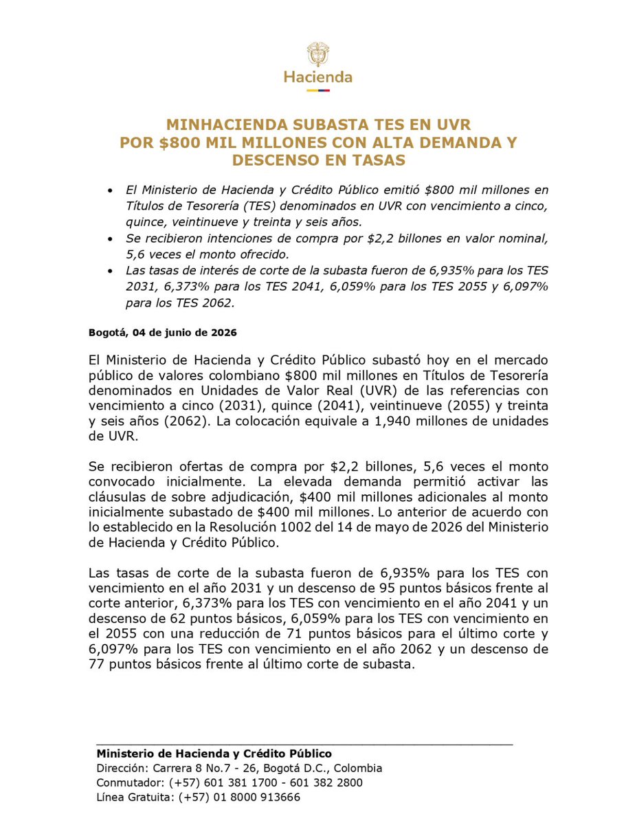 juanmartinbc's tweet photo. 🚨 Más deuda para Colombia.

Petro acaba de colocar otros $800.000 millones en TES con vencimientos que llegan hasta el año 2062.

Petro no va a raspar la olla, se la va a llevar. Si pudiera, se llevaría hasta los baños, las puertas y las paredes de los ministerios y de la Presidencia.