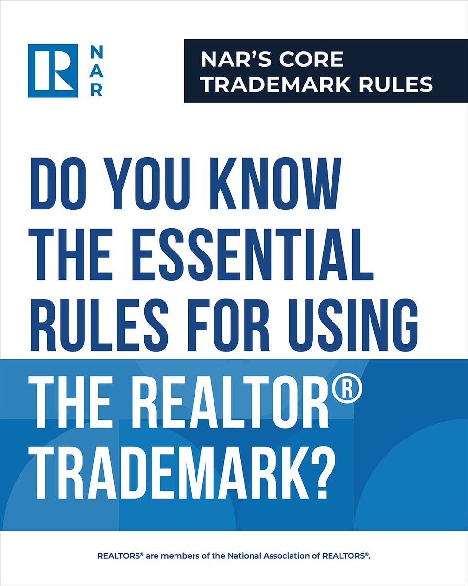 nardotrealtor's tweet photo. Use your membership marks with context—and confidence. Watch NAR’s new trademark videos on membership marks, contextual use, logo standards, and so much more to learn proper REALTOR® mark use. https://t.co/JRsyOY6889 https://t.co/Ok8s60uEcj