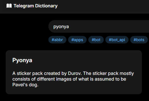 PYONYATON's tweet photo. Day 1 of asking anyone we can think of why they're fading Pyonya.

@moontripss isnt fading
@yugomarsal isnt fading
@dollarbill_tele isnt fading
@its_renovatio insnt fading

Community. Infrastructure. etc, aside.

The story tells itself.

@durov  created the sticker pack.
He named the sticker pack.
@telegram dictionary tells us the story.
The Instagram feeds prove the claim.
Last time Durov used the sticker - 3.2mil views.

Durov's Dog on @ton_blockchain . 
Im guessing you're fading because you haven't done the research.