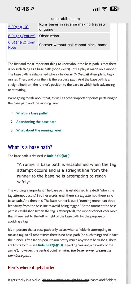 Tuki790's tweet photo. @SharksFan42 @JohnkGK @rwroyse @baseballisdead_ Here’s from umpire bible which does a great job at explaining things, while running all the way to the wall might be against the “making a travesty of the game” a runner can generally run anywhere on the field(including into the OF) until a tag attempt is made. https://t.co/o6q6zGW9vv