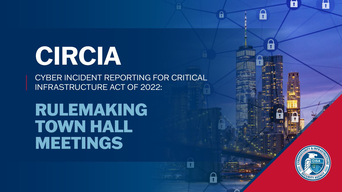 CISAgov's tweet photo. Calling Comms, Dams, Emergency Services, Food &amp; Agriculture, Government Facilities, Healthcare &amp; Public Health, Transportation Systems, and Water/Wastewater sectors!👋 Join our CIRCIA Town Hall June 16 at 11:30am ET &amp; make your voice heard. Save your spot: https://t.co/SaKyMzxCPC https://t.co/u06JDNBvY5