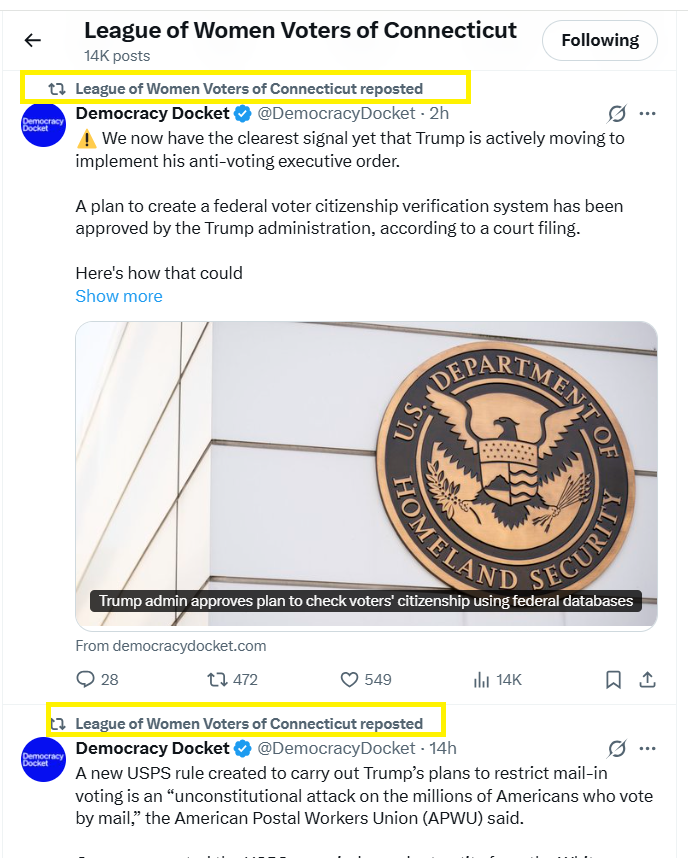 KristiTalmadge's tweet photo. CONNECTICUT: Who wants to discuss the Connecticut League of Corrupt Communist Women Voters?

They're reposting the Democracy Docket (Marc Elias' corrupt org)

Secretary of the State Stephane Thomas reposts them.

They ARE NOT nonpartisan and must lose their nonprofit status. @SecScottBessent @FEC 

Also, Cuba is not Connecticut @lwvct