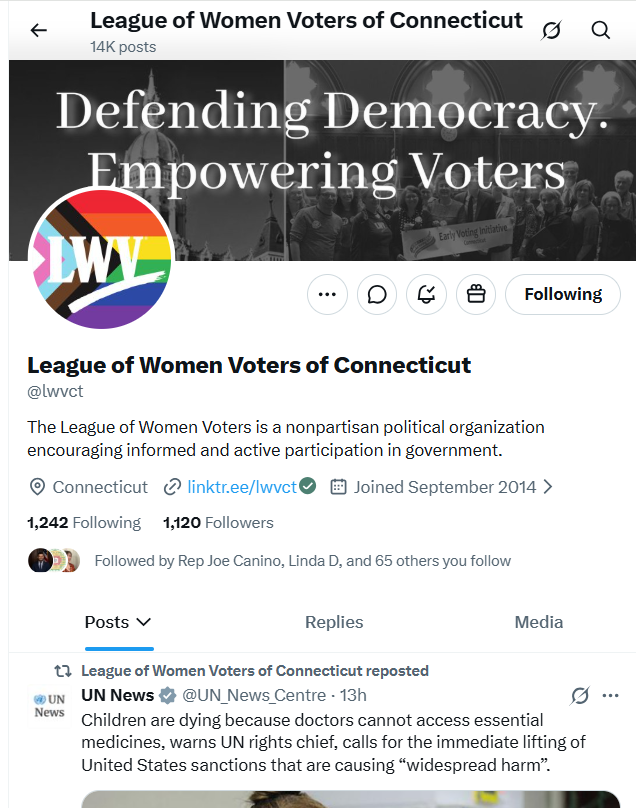 KristiTalmadge's tweet photo. CONNECTICUT: Who wants to discuss the Connecticut League of Corrupt Communist Women Voters?

They're reposting the Democracy Docket (Marc Elias' corrupt org)

Secretary of the State Stephane Thomas reposts them.

They ARE NOT nonpartisan and must lose their nonprofit status. @SecScottBessent @FEC 

Also, Cuba is not Connecticut @lwvct