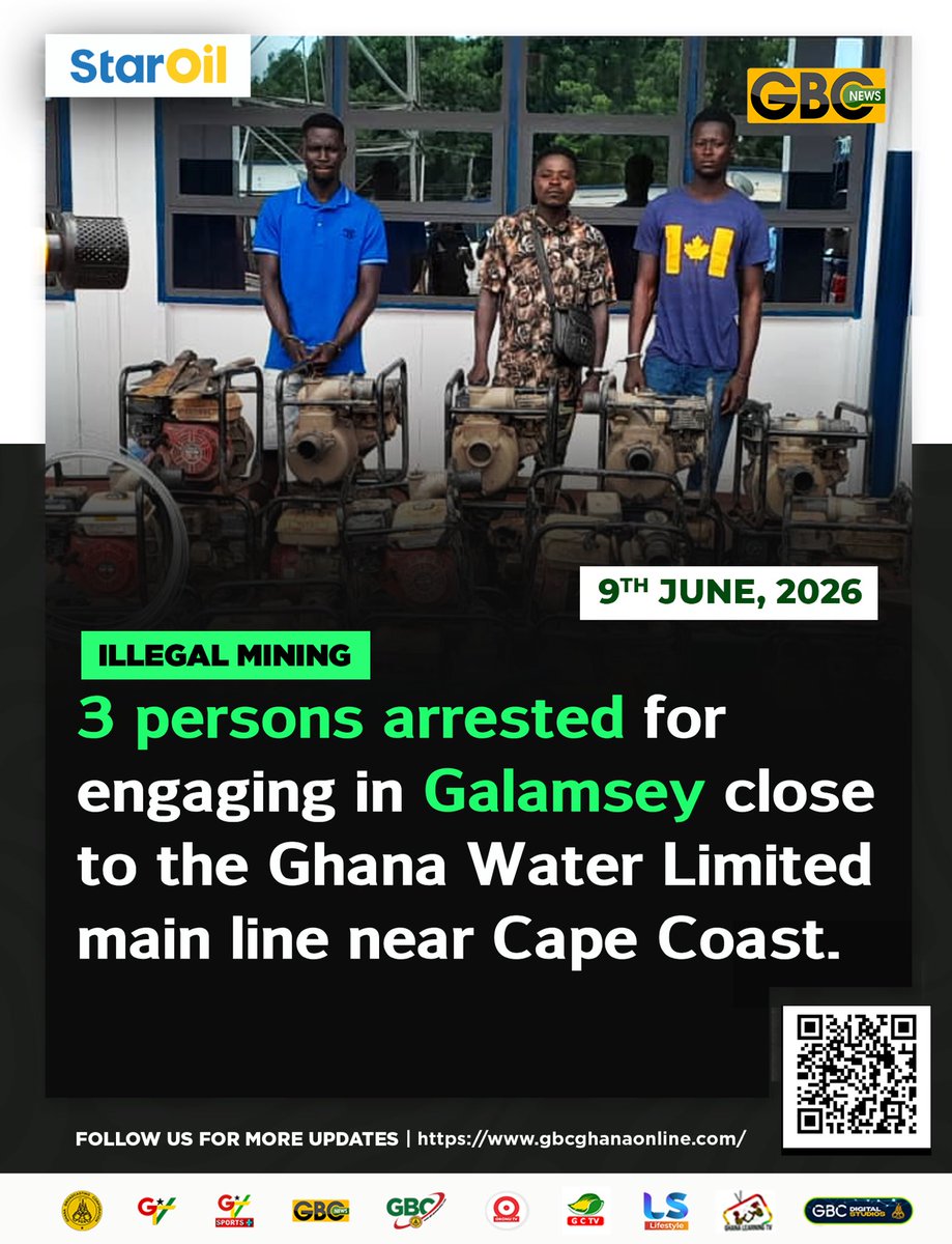 GTV_Ghana's tweet photo. CRACKDOWN ON GALAMSEY:
3 individuals arrested for illegal mining right next to the Ghana Water Limited main line near Cape Coast. Operations halted, equipment seized. 🛑🇬🇭 #StopGalamsey #GhanaNews #ProtectOurWater #gbcnews https://t.co/kg9IwjHUer