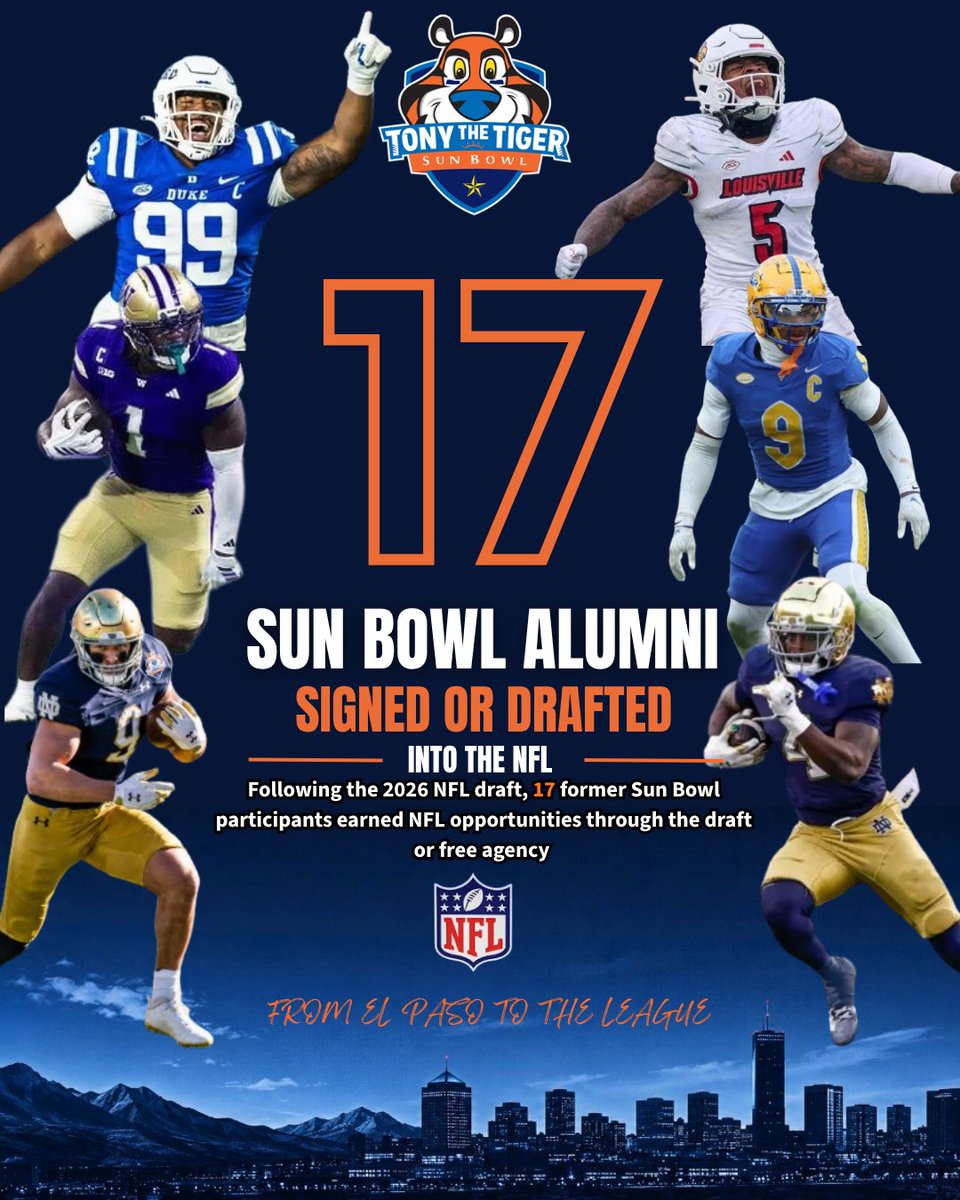SunBowlEP's tweet photo. From the Sun Bowl to Sundays🏈

#TonyTheTigerSB #SunBowl #ElPaso #NFLDraft #NFL https://t.co/tViBFcppX9